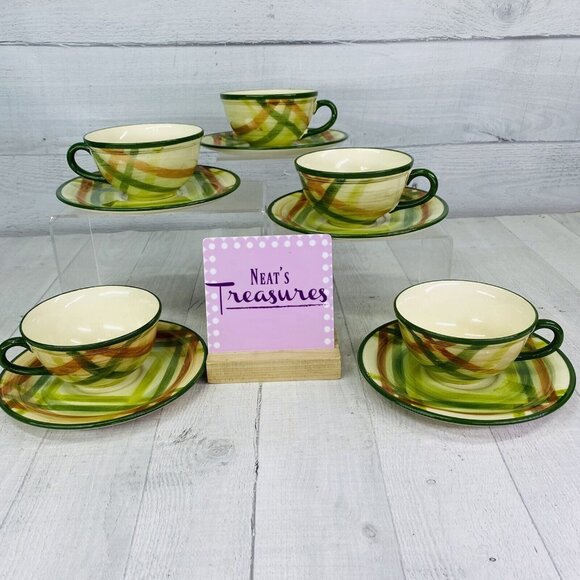 MCM Vernonware Metlox TAM O SHANTER Gingham Green Trim Flat Cup & Saucers Set 5 - Picture 1 of 16